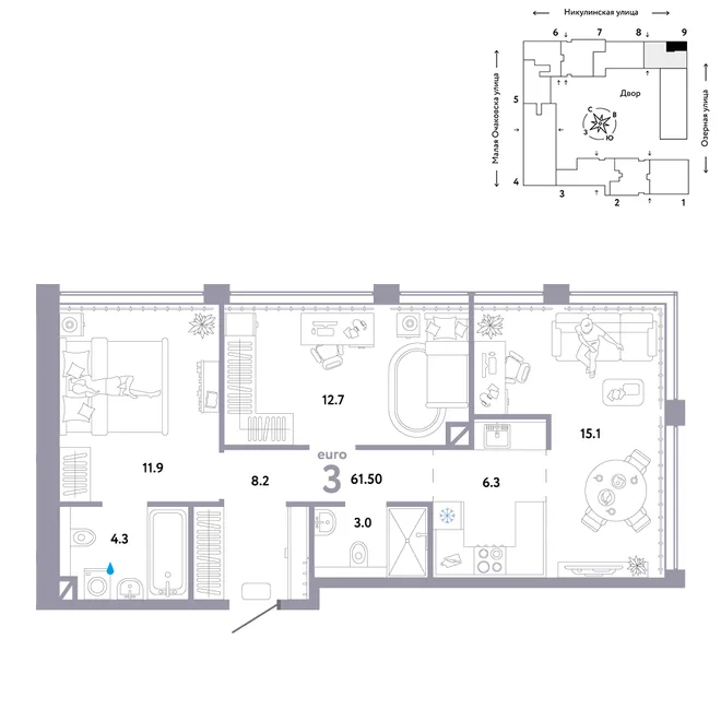 Планировка 3-комн. квартира, 61.5 м² ЖК «Страна.Озёрная»