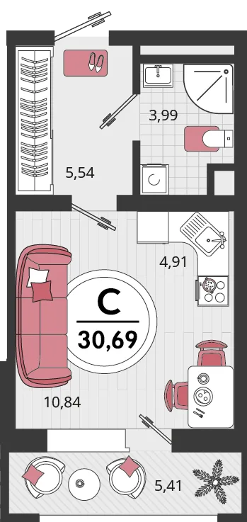 Планировка 1-комн. квартира, 30.69 м² ЖК «Родные просторы»
