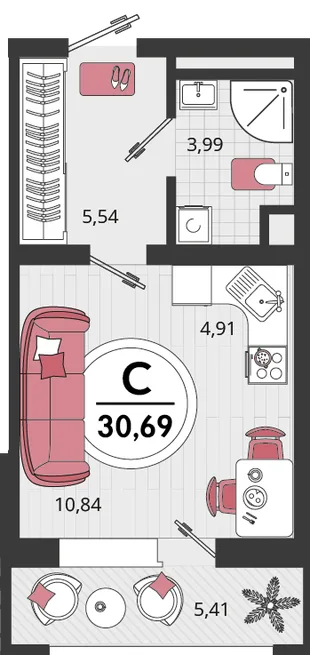 Планировка 1-комн. квартира, 30.69 м² ЖК «Родные просторы»