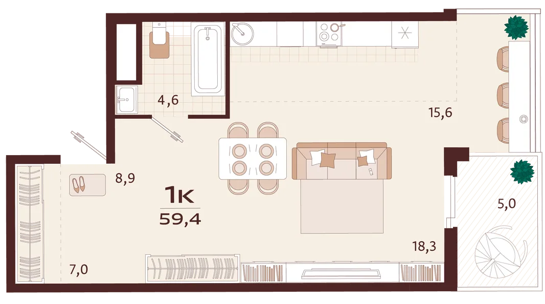 Планировка 1-комн. квартира, 59.4 м² ЖК «Роялта»
