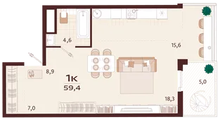 Планировка 1-комн. квартира, 59.4 м² ЖК «Роялта»