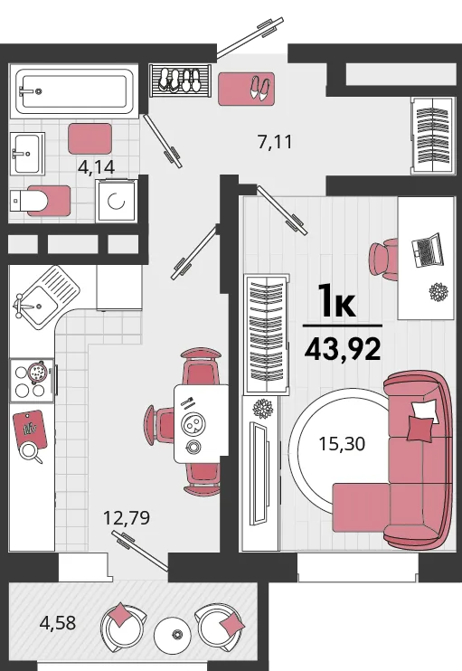Планировка 1-комн. квартира, 43.92 м² ЖК «Родные просторы»
