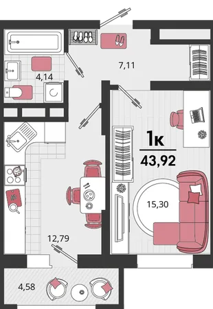 Планировка 1-комн. квартира, 43.92 м² ЖК «Родные просторы»