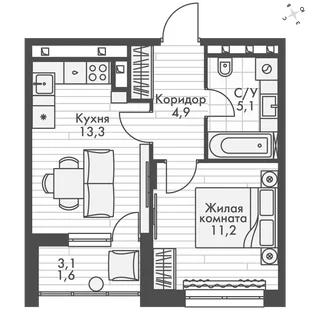 Квартира 1-комн. квартира, 36.1 м² ЖК «ФоРест» Фото 1 Квартира 1-комн. квартира, 36.1 м² ЖК «ФоРест» Фото 1