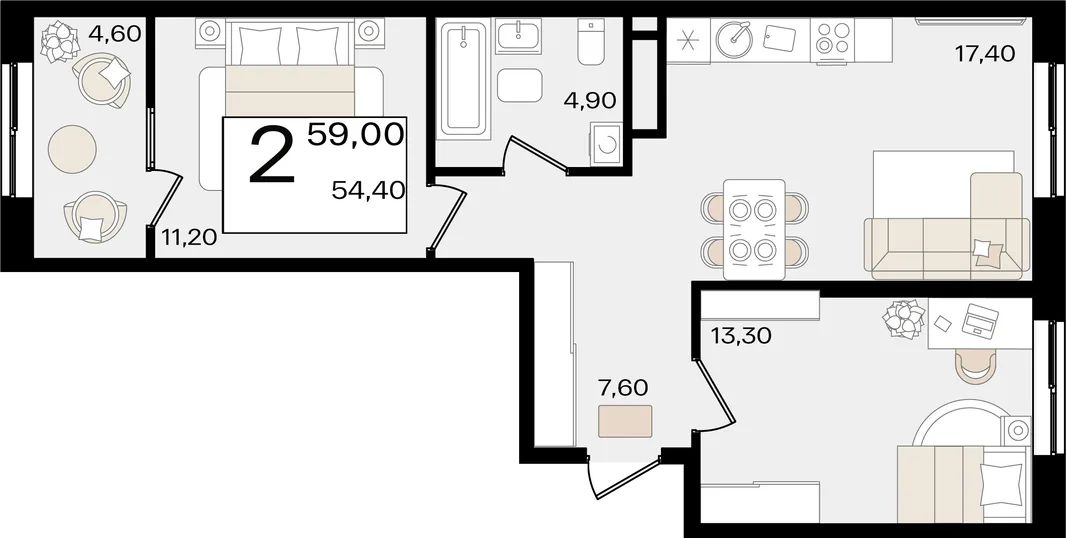 Планировка 2-комн. квартира, 59 м² ЖК «Патрики»