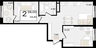 Планировка 2-комн. квартира, 59 м² ЖК «Патрики»