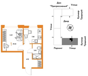 Планировка 1-комн. квартира, 29.4 м² ЖК «Микрорайон Домашний»