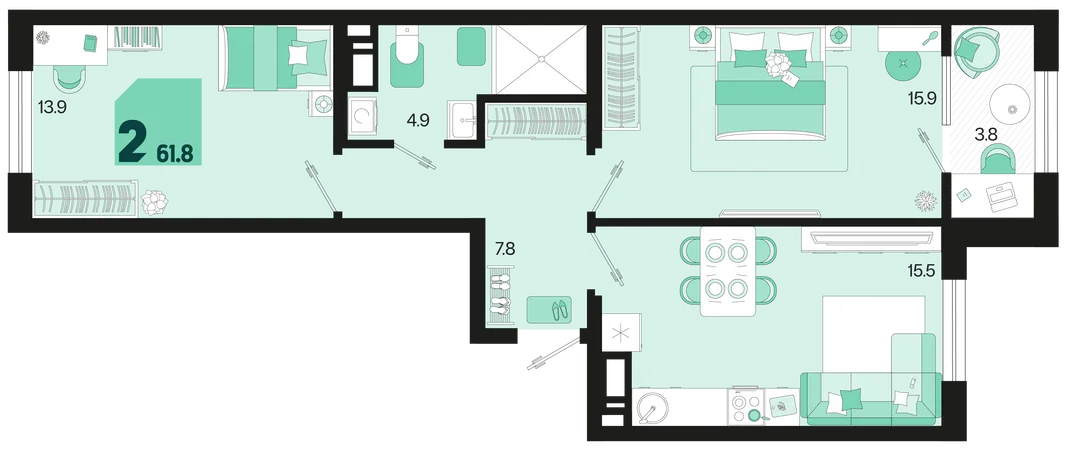 Планировка 2-комн. квартира, 61.8 м² ЖК «Первое место»