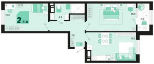 Планировка 2-комн. квартира, 61.8 м² ЖК «Первое место»
