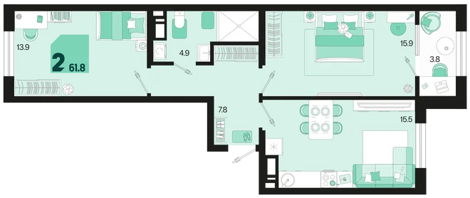 Планировка 2-комн. квартира, 61.8 м² ЖК «Первое место»