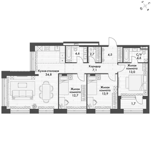 Квартира 4-комн. квартира, 100.5 м² ЖК «Философия» Фото 1 Квартира 4-комн. квартира, 100.5 м² ЖК «Философия» Фото 1