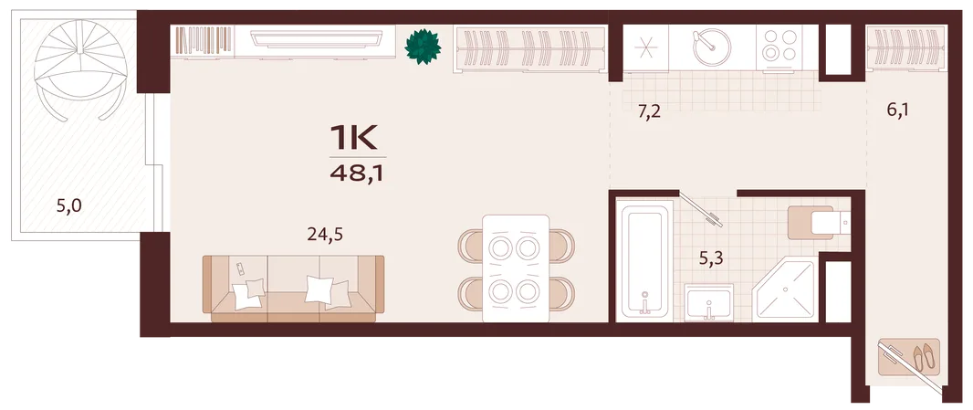 Планировка 1-комн. квартира, 48.1 м² ЖК «Роялта»