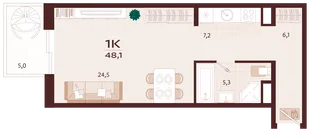 Планировка 1-комн. квартира, 48.1 м² ЖК «Роялта»