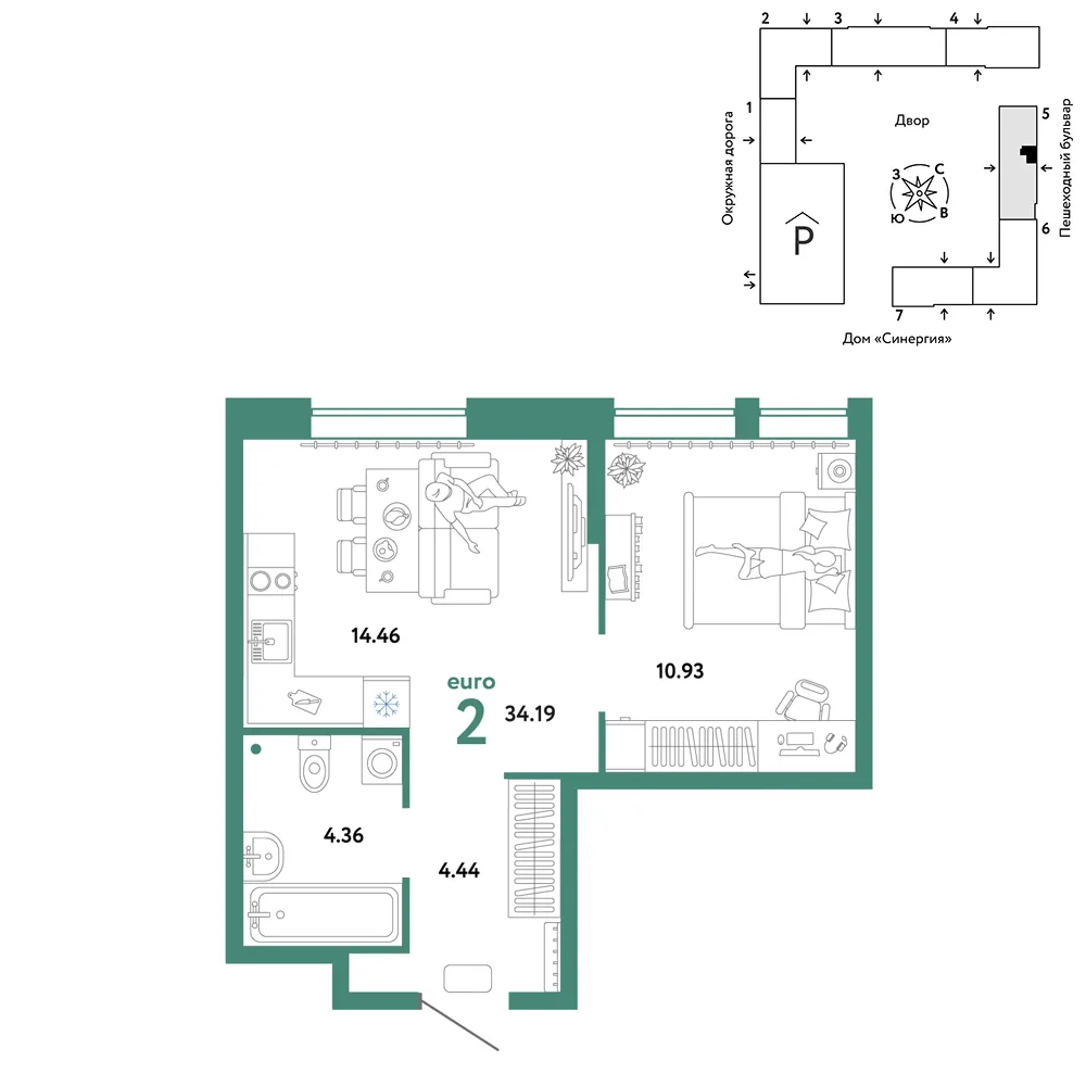 Планировка 2-комн. квартира, 34.19 м² ЖК «Юнион»