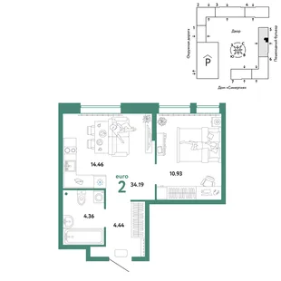 Планировка 2-комн. квартира, 34.19 м² ЖК «Юнион»