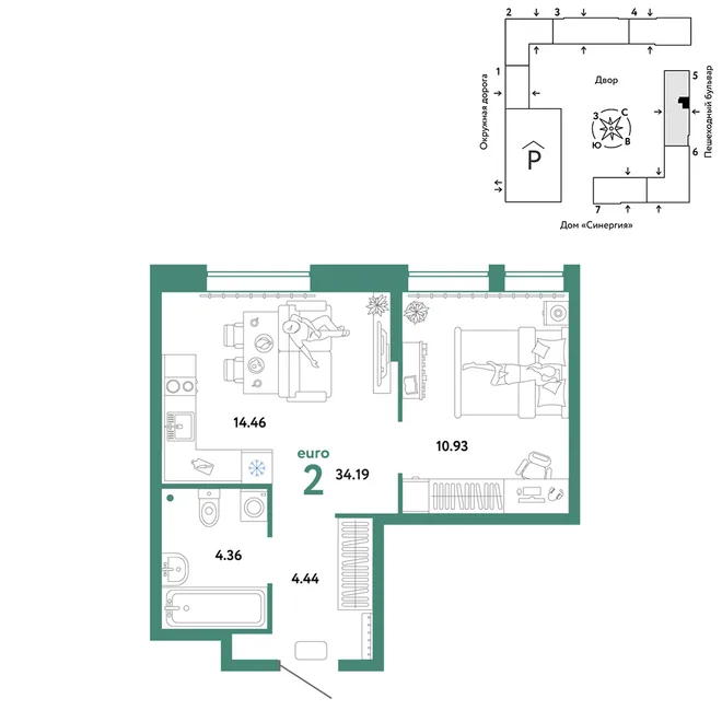Планировка 2-комн. квартира, 34.19 м² ЖК «Юнион» Планировка 2-комн. квартира, 34.19 м² ЖК «Юнион»