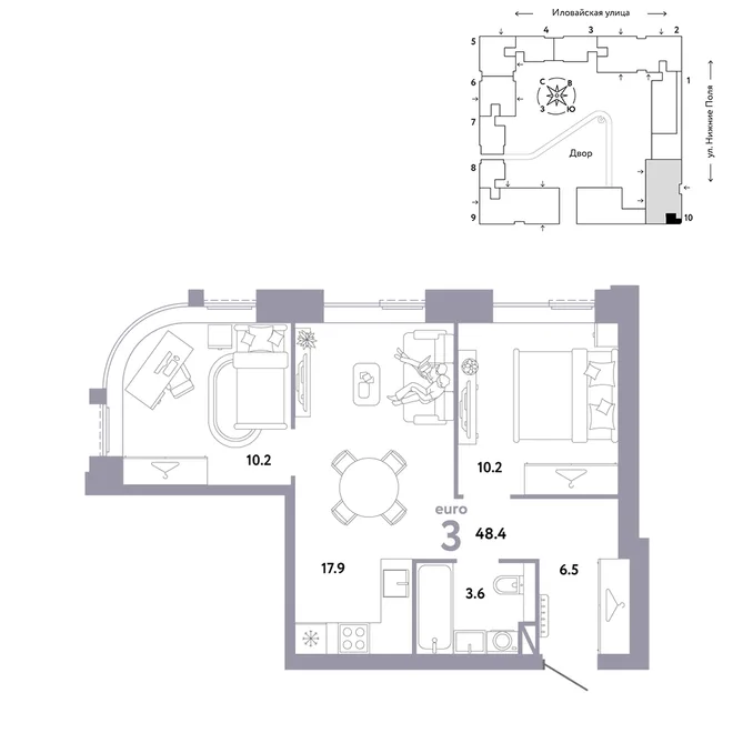 Планировка 3-комн. квартира, 48.4 м² ЖК «Страна.Заречная» Планировка 3-комн. квартира, 48.4 м² ЖК «Страна.Заречная»