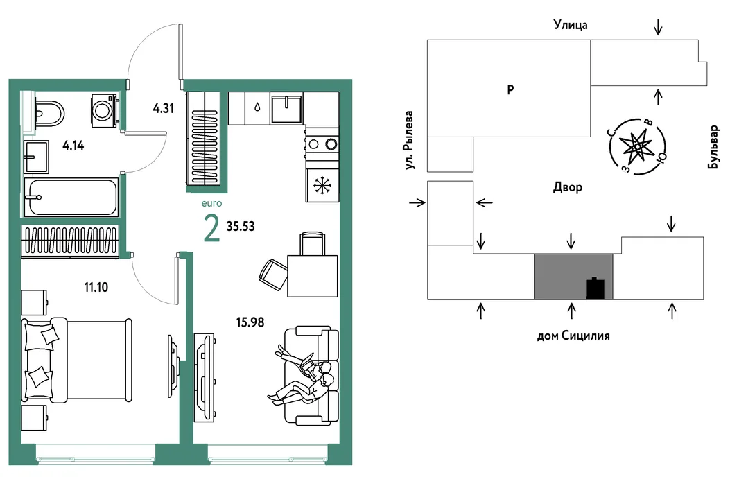 Планировка 2-комн. квартира, 35.53 м² ЖК «Остров-сад»