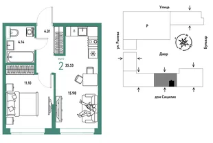 Планировка 2-комн. квартира, 35.53 м² ЖК «Остров-сад»