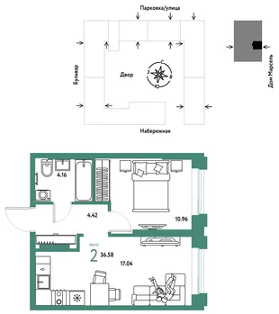 Планировка 2-комн. квартира, 36.58 м² ЖК «Европейский берег 2.0»