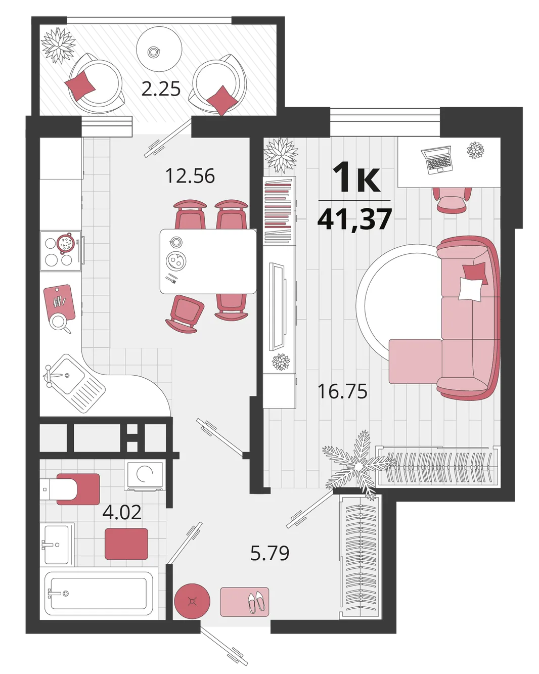 Планировка 1-комн. квартира, 41.45 м² ЖК «Родные просторы»