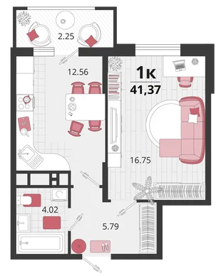Планировка 1-комн. квартира, 41.45 м² ЖК «Родные просторы»