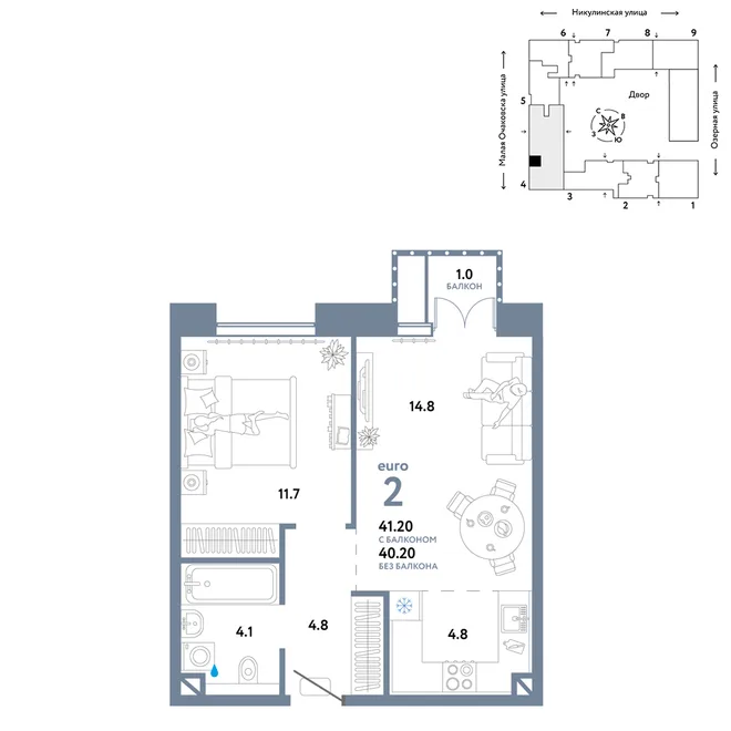 Планировка 2-комн. квартира, 41.2 м² ЖК «Страна.Озёрная» Планировка 2-комн. квартира, 41.2 м² ЖК «Страна.Озёрная»