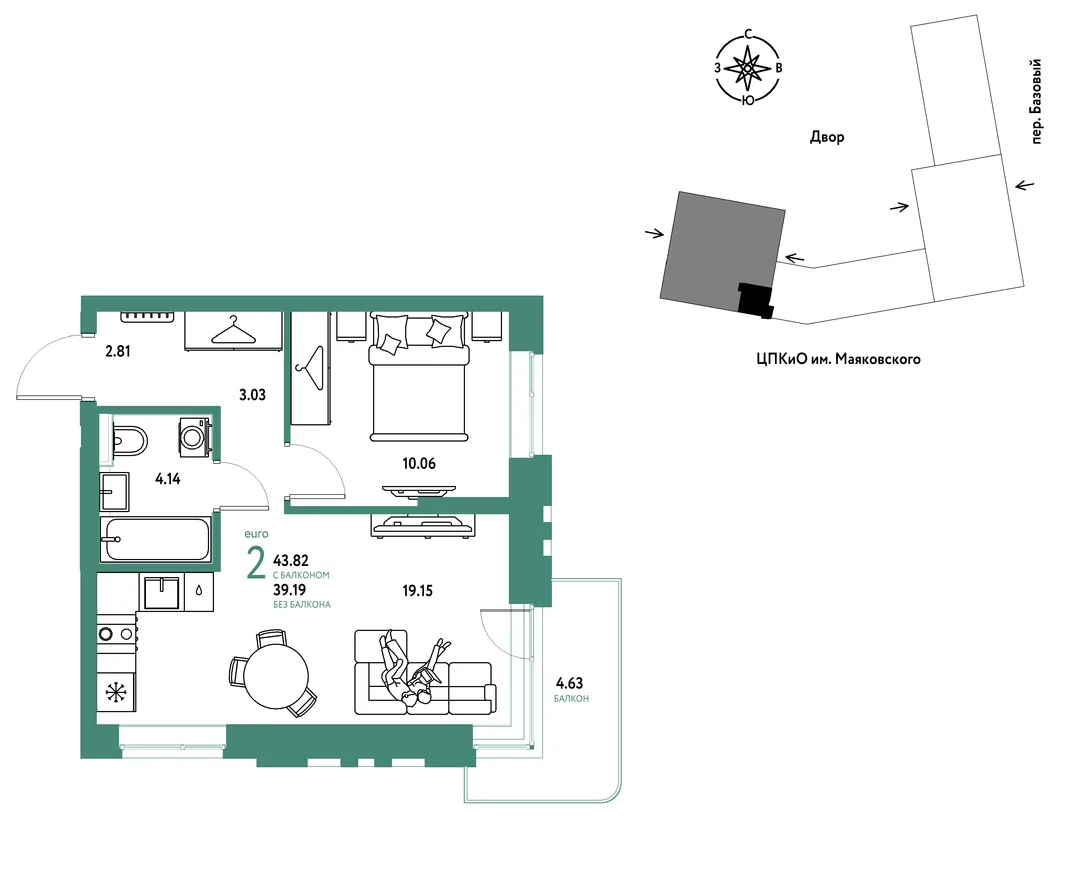 Планировка 2-комн. квартира, 43.82 м² ЖК «Сибирский сад»