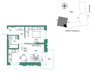 Планировка 2-комн. квартира, 43.82 м² ЖК «Сибирский сад»