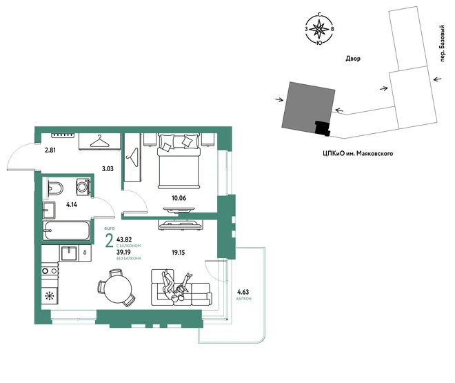 Планировка 2-комн. квартира, 43.82 м² ЖК «Сибирский сад» Планировка 2-комн. квартира, 43.82 м² ЖК «Сибирский сад»