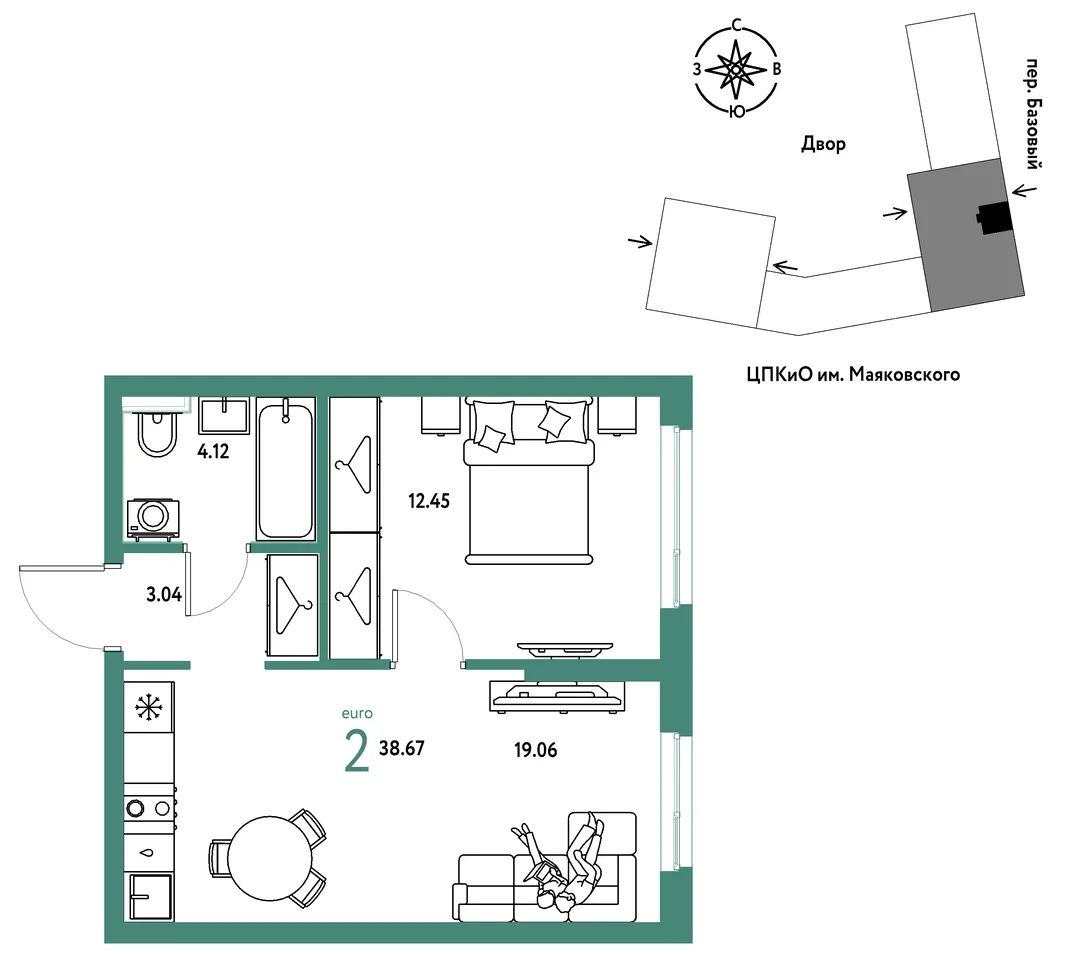 Планировка 2-комн. квартира, 38.67 м² ЖК «Сибирский сад»