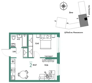 Планировка 2-комн. квартира, 38.67 м² ЖК «Сибирский сад»