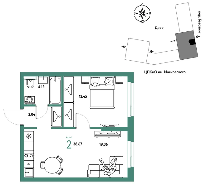 Планировка 2-комн. квартира, 38.67 м² ЖК «Сибирский сад» Планировка 2-комн. квартира, 38.67 м² ЖК «Сибирский сад»