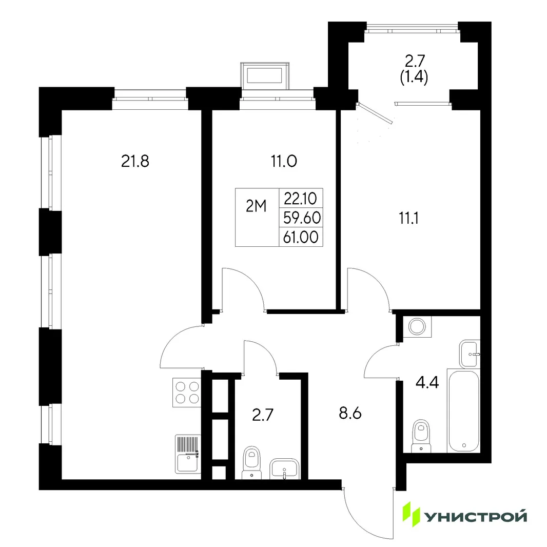 Планировка 2-комн. квартира, 61 м² ЖК «Стадиум»