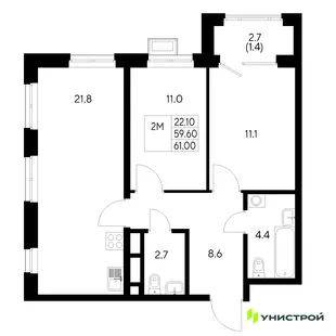 Планировка 2-комн. квартира, 61 м² ЖК «Стадиум»