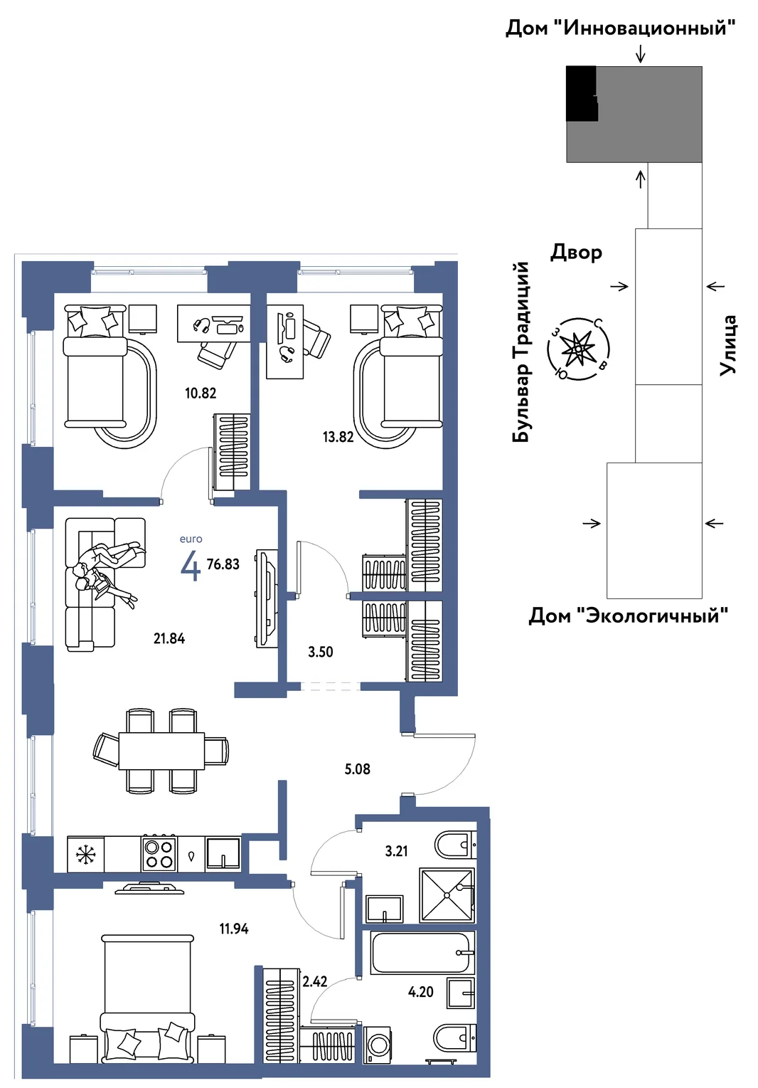 Планировка 4-комн. квартира, 76.83 м² ЖК «Микрорайон Домашний»