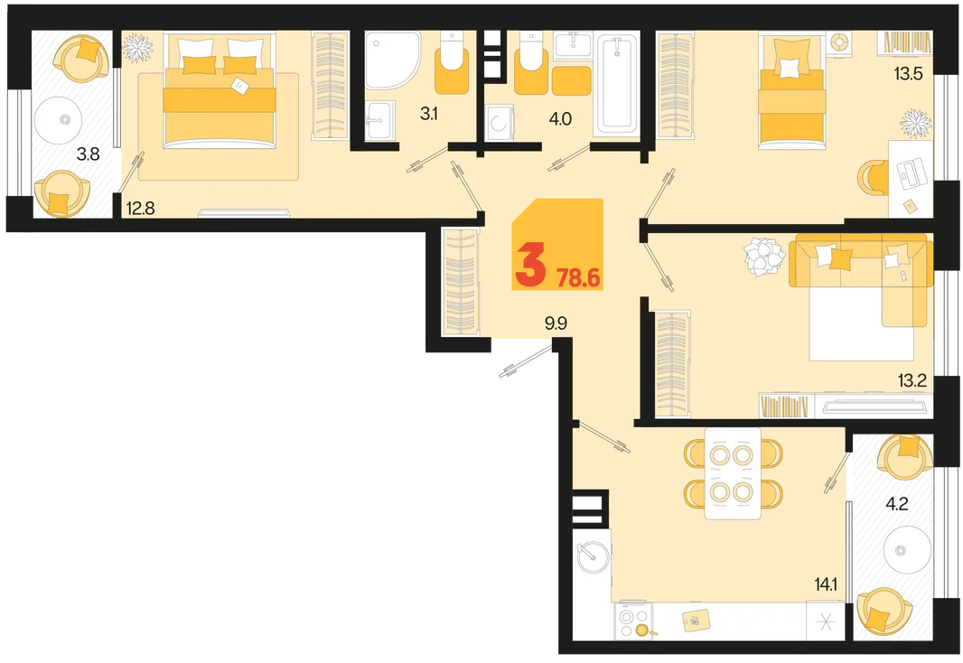 Планировка 3-комн. квартира, 78.6 м² ЖК «Первое место»