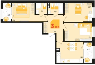 Планировка 3-комн. квартира, 78.6 м² ЖК «Первое место»