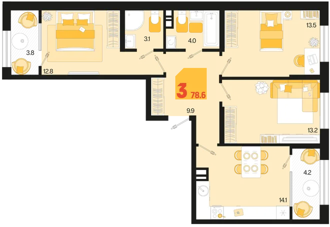 Планировка 3-комн. квартира, 78.6 м² ЖК «Первое место» Планировка 3-комн. квартира, 78.6 м² ЖК «Первое место»