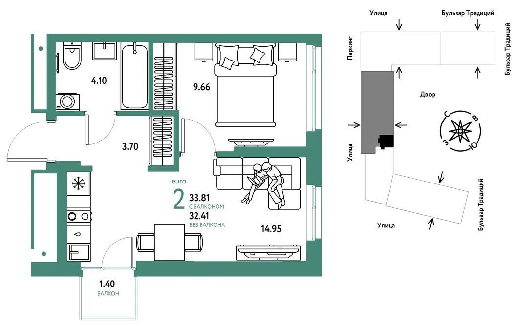 Планировка 2-комн. квартира, 33.81 м² ЖК «Микрорайон Домашний»
