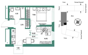 Планировка 2-комн. квартира, 33.81 м² ЖК «Микрорайон Домашний»