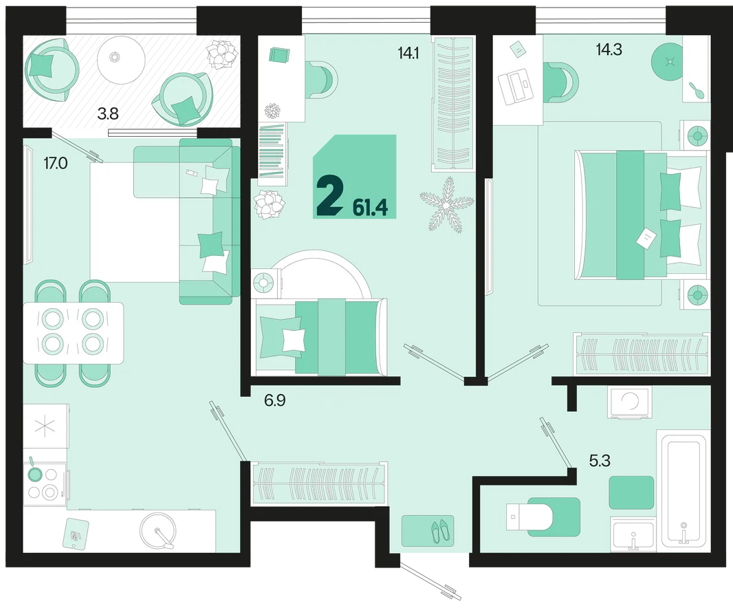 Планировка 2-комн. квартира, 61.4 м² ЖК «Первое место»