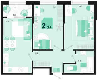 Планировка 2-комн. квартира, 61.4 м² ЖК «Первое место»