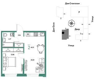 Планировка 2-комн. квартира, 40.51 м² ЖК «Европейский берег 2.0»