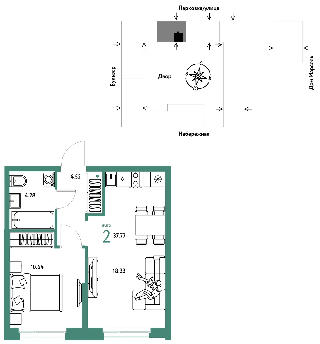 Планировка 2-комн. квартира, 37.77 м² ЖК «Европейский берег 2.0»