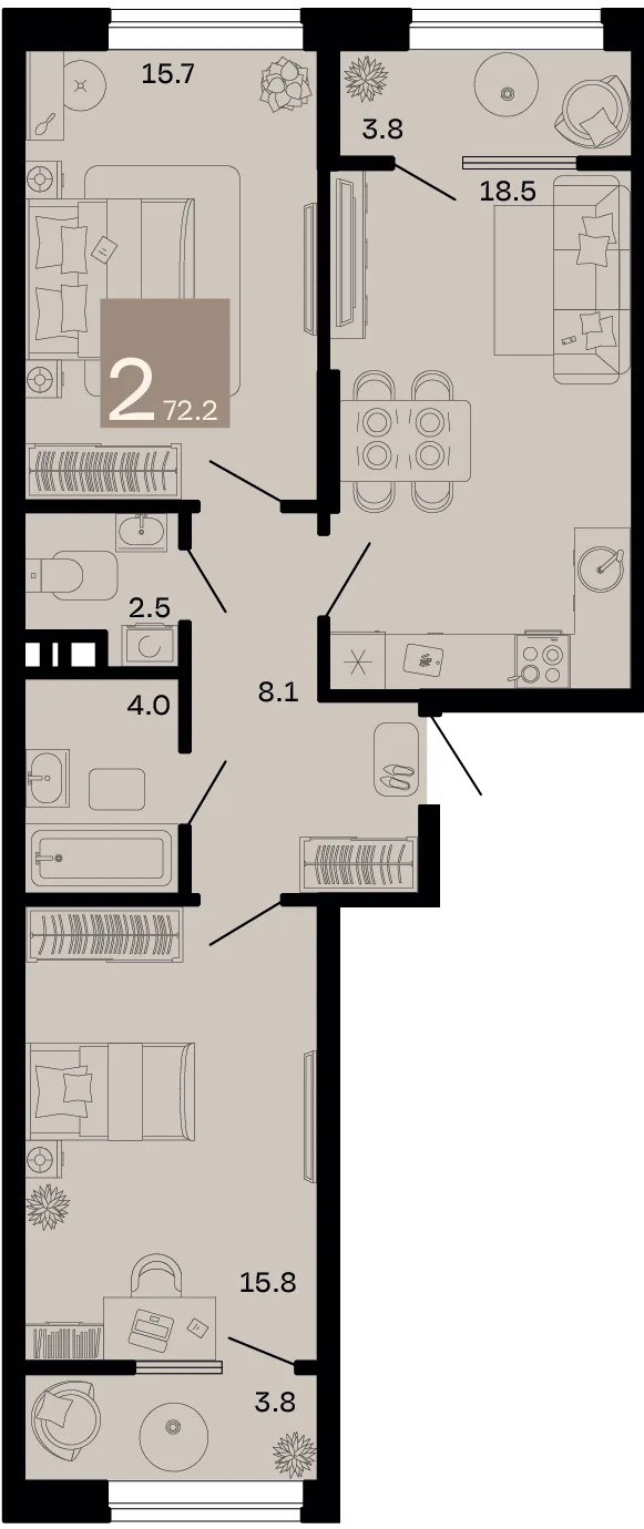 Планировка 2-комн. квартира, 72.2 м² ЖК «Хозяин морей»