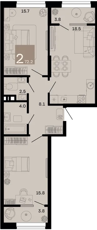 Планировка 2-комн. квартира, 72.2 м² ЖК «Хозяин морей»