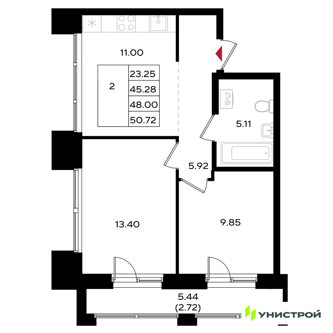 Планировка 2-комн. квартира, 49.35 м² ЖК «Уникум на Энгельса»