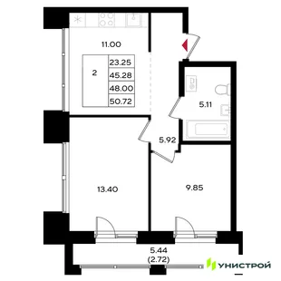 Планировка 2-комн. квартира, 49.35 м² ЖК «Уникум на Энгельса»