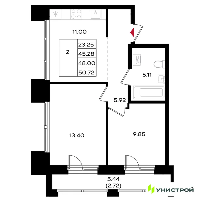 Планировка 2-комн. квартира, 49.35 м² ЖК «Уникум на Энгельса»